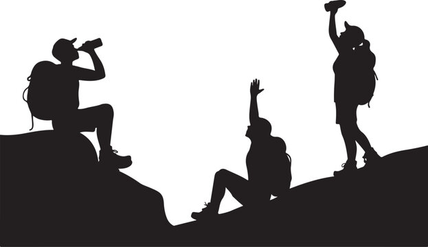 Hikers Celebrating On Mountain Peaks flat illustration