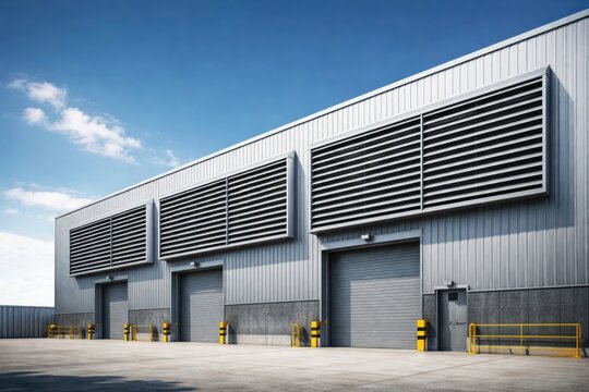 Industrial storage facility front with aluminum louvers mounted on steel wall and blue sky background with copy space