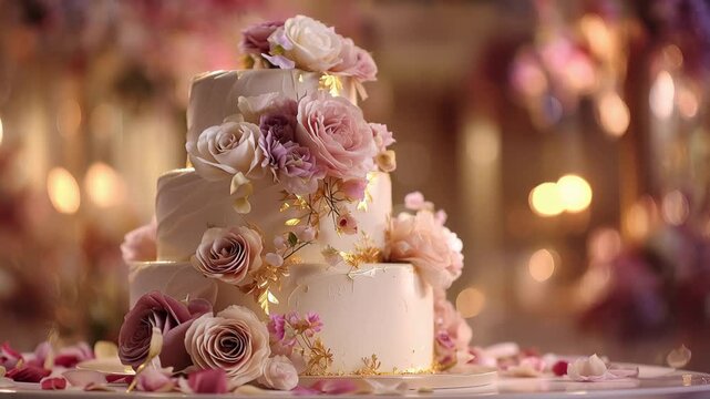 Celebrating a wedding day with a beautiful cake adorned with flowers and decorations