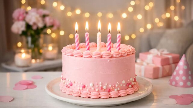 Pink frosted birthday cake with lit candles placed on a festive table with gifts and soft glowing lights. Sweet food scene conveys celebration mood, joy, and special occasion concept.