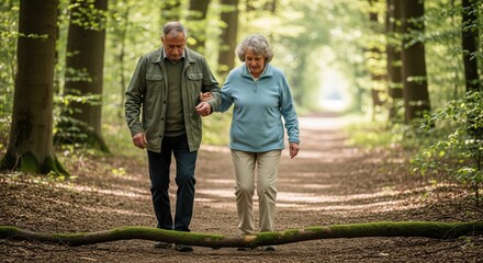 Fototapeta premium lderly people practicing walking in forest exercise outdoors, senior fitness concept, healthy aging routine, mobility training, forest trail activity, lifestyle moment