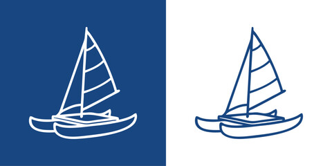 Logo nautical. Vacaciones de verano. Dibujo minimalista con líneas de un barco de vela tipo catamarán © teracreonte