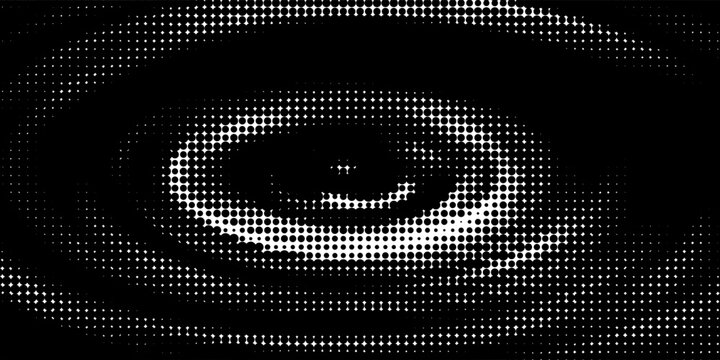 Black radial halftone circles. Dotted sound wave rings. Stippled epicenter, target, radar icon concept. Ripple concentric signal vibration element. Vector round dashed and dotted