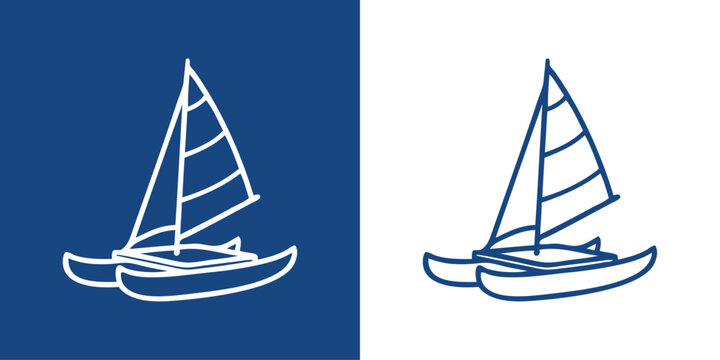 Logo nautical. Vacaciones de verano. Dibujo minimalista con l&iacute;neas de un barco de vela tipo catamar&aacute;n