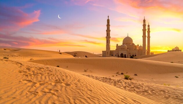Eid al Adha background with desert landscape and mosque at sunset