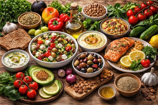 Diverse Mediterranean diet options featuring nutritious ingredients