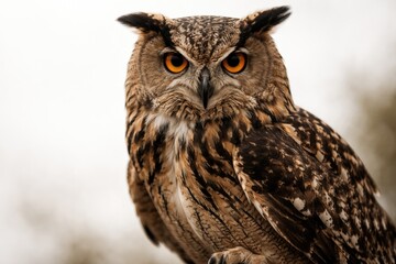 Naklejka premium Intimate macro view of a majestic owl perched with a white neutral background