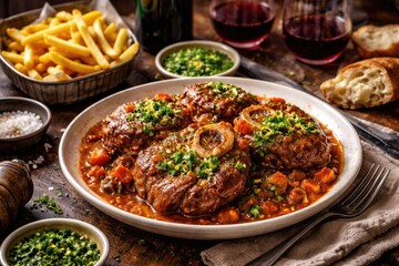 Fototapeta premium Hearty home cooked osso buco stew complemented by fresh herb sauce red wine and crunchy fries