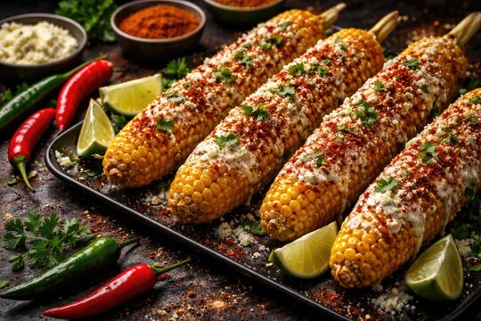 Cheesy Mexican elotes with chili peppers displayed on a dark textured table for grilling