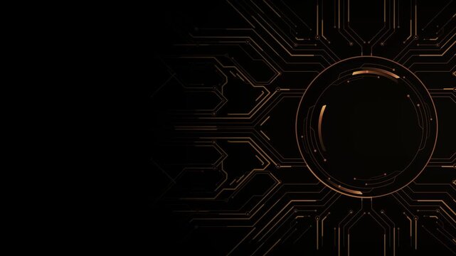 Gold circuit board seamless loop background, glowing copper tech lines animation, empty left space for text overlay, logo placeholder, futuristic technology corporate broadcast intro