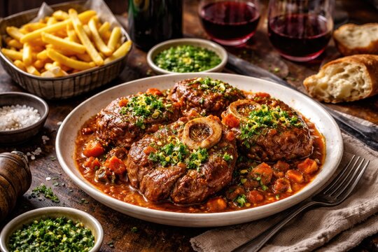 Hearty home cooked osso buco stew complemented by fresh herb sauce red wine and crunchy fries
