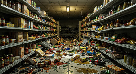 Fototapeta premium Earthquake damaged supermarket aisle with fallen products and broken shelves.generative AI