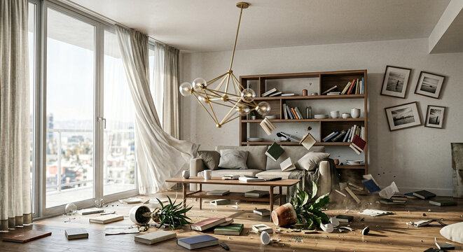 Damaged living room after earthquake with cracked walls and toppled furniture.generative AI