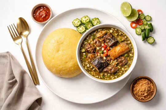Flat lay of authentic okra soup with eba presented on a minimalist white plate