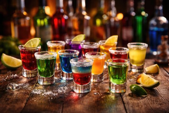 Assorted colorful liquor shots displayed on a rustic table accompanied by distant bottle shapes
