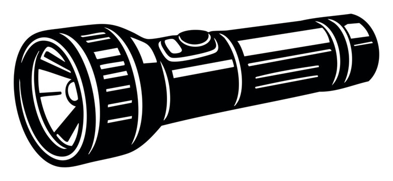 Flashlight or torch providing light, black and white icon representing help, safety, and exploration