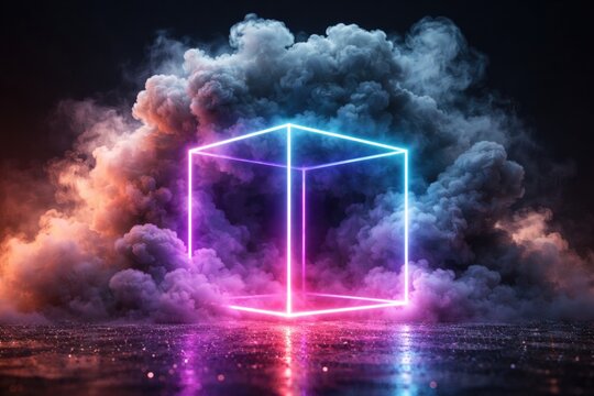 Large smoke cloud enveloping neon wireframe cube over sparkling surface