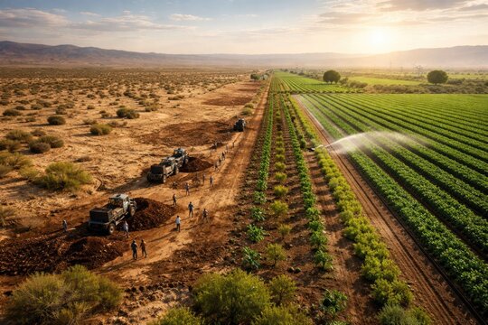 Elevated view of desertified land being converted to arable soil