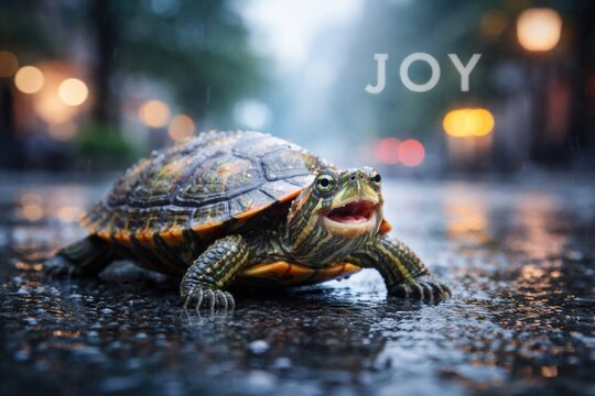 Joyful pet red eared slider turtle crawling on rain soaked town street with cool toned blurred background and room for text
