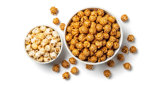 Bowls of caramel and cheese puffs on white background