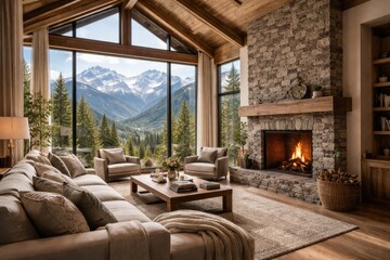 Naklejka premium bright living area including a stone fireplace and full height windows revealing mountain landscape