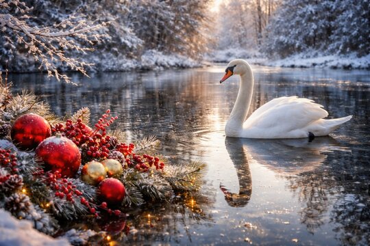 Beautiful swan floating beside rich red festive ornaments in a silent winter wonderland with icy reflections