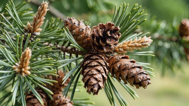 Closeup of Pine Cones and Needles on a Branch in Nature.