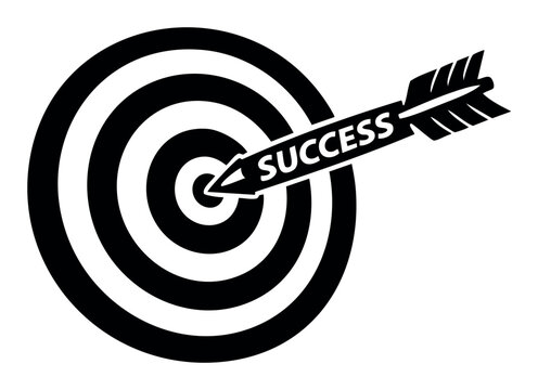 Arrow with word Success hitting the bullseye of a target, representing goal achievement, marketing, and accurate strategy