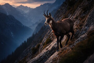 Obraz premium Alert chamois navigating steep mountain terrain at dusk in natural environment