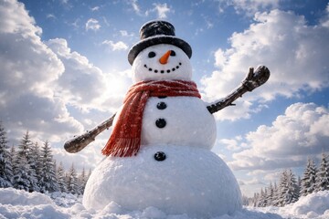 Obraz premium Huge snowman standing proudly beneath a sky filled with fluffy clouds