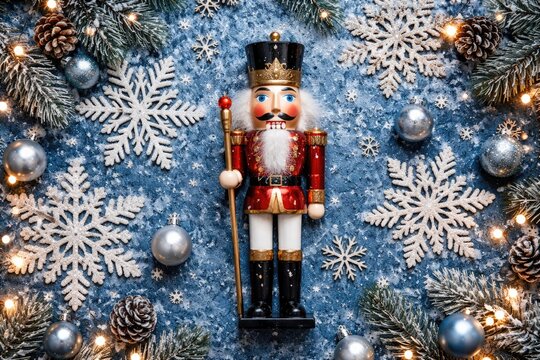 Christmas themed nutcracker soldier and snowflake decorations captured from above on blue