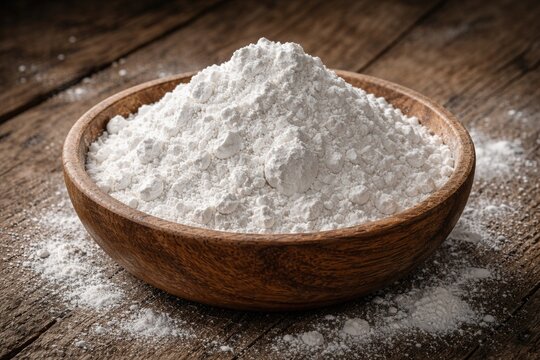 Calcium hydroxide powder presented in a natural wooden bowl on a rough wooden background for industrial chemistry