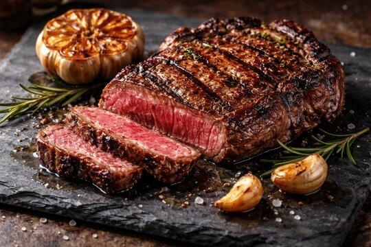 Grilled ribeye steak medium rare accompanied by roasted garlic on a rustic slate plate