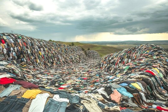 massive pile of discarded clothing dumped. Fast fashion waste crisis