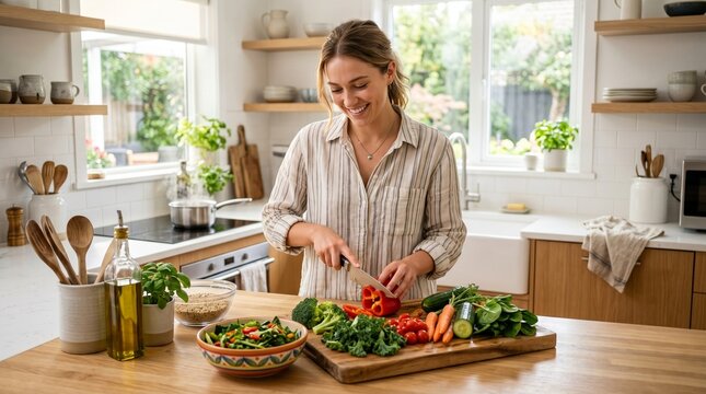 A woman, surrounded by fresh ingredients and natural light, finds joy in preparing a healthy meal within a bright and airy kitchen