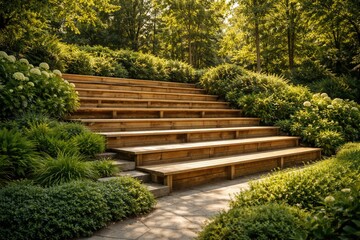 Obraz premium Natural wooden bleachers framed by rich verdant shrubbery in a scenic outdoor space
