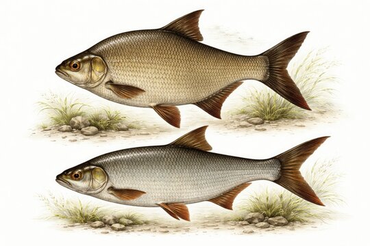 Antique illustration showing common bream and vimba bream fish on white background