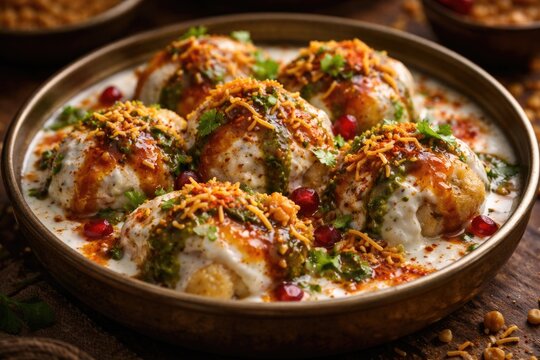 Delicious bhalla chaat from India with yogurt soaked fried lentil dumplings