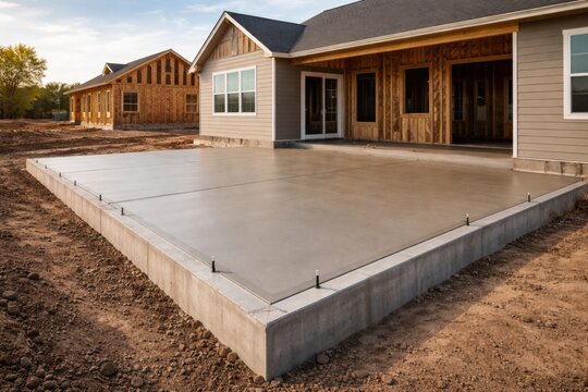 House construction displaying smooth cement patio and solid concrete foundation including copy space