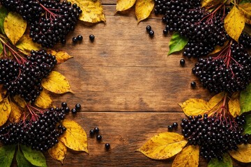 Black elderberry Sambucus nigra fruits with autumn yellow leaves on wooden table top view including copy space
