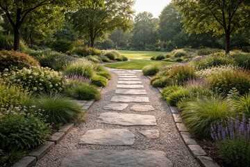 Obraz premium Landscape showing gravel and stone path with a broad open garden space