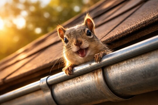 Cheerful squirrel peeking from a metal roof gutter ledge in afternoon light