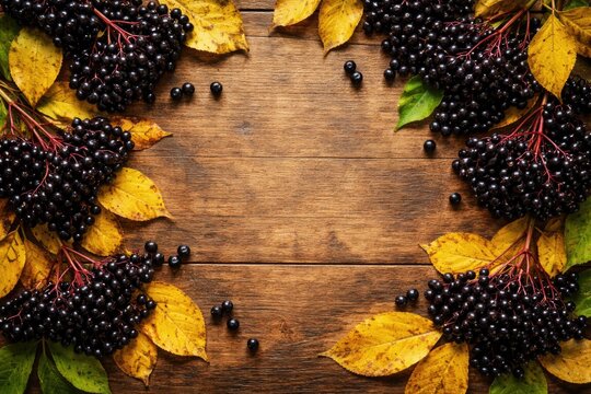 Black elderberry Sambucus nigra fruits with autumn yellow leaves on wooden table top view including copy space