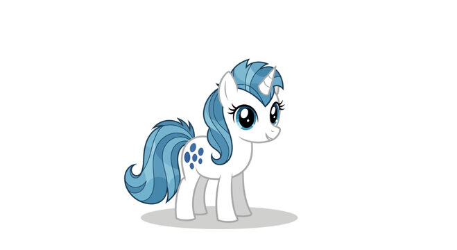 Adorable white cartoon pony character illustration with vibrant blue mane, tail, and distinctive markings, standing on a clean, bright isolated background
