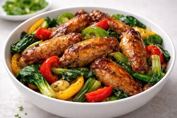 Fototapeta premium Appetizing stir fried chicken wings mixed with assorted bell peppers and green leafy vegetables presented in a white bowl on a clean surface
