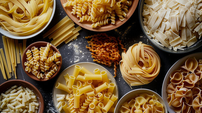Top view of various types of dry Italian pasta in bowls, assorted shapes of uncooked penne, fusilli, farfalle and linguine on dark background, culinary and mediterranean food concept.