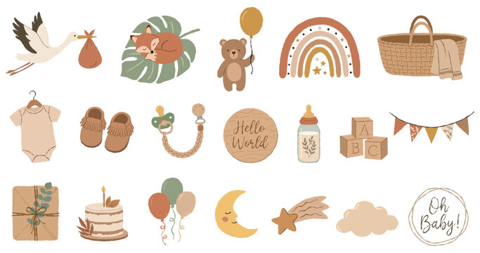 Boho neutral baby shower icon set. Newborn nursery milestones: stork, fox. Rainbow, onesie, cake, gift, moon.