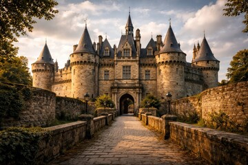 Obraz premium Classic vintage facade of a centuries old European castle surrounded by stone walls