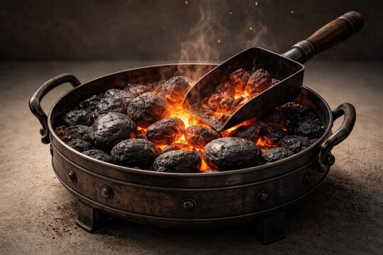 Classic metal brazier containing coal scoop and stones for heating displayed on plain neutral surface