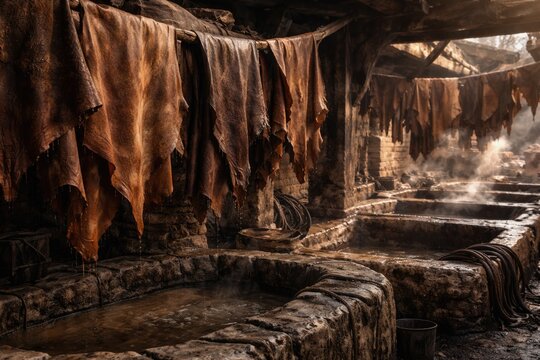 Old fashioned leather drying near stone vats within a handcrafted leather tannery